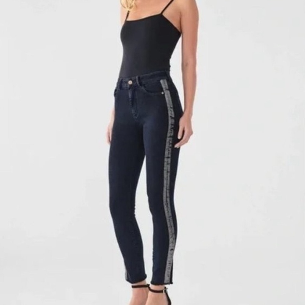 DL1961 Farrow Ankle High Rise Skinny Jeans‎ Black Coated Side Stripe Size 27